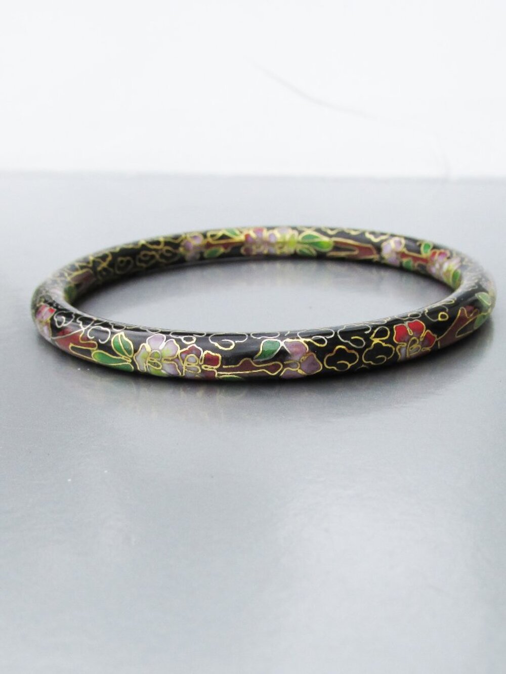 Vintage Enamel Cloisonné Bangle Bracelet  Black with Pink & Red Flowers Sz SMALL